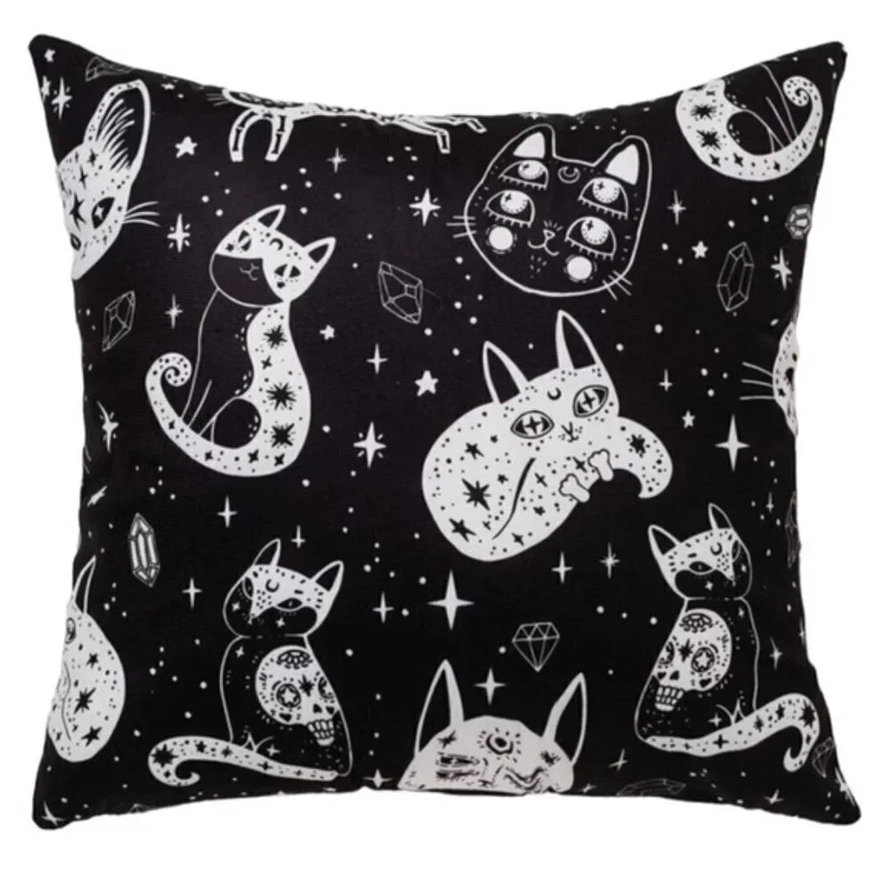 Pillow Cover Celestial Cat Moon Stars Black White Large Square 17.7 in